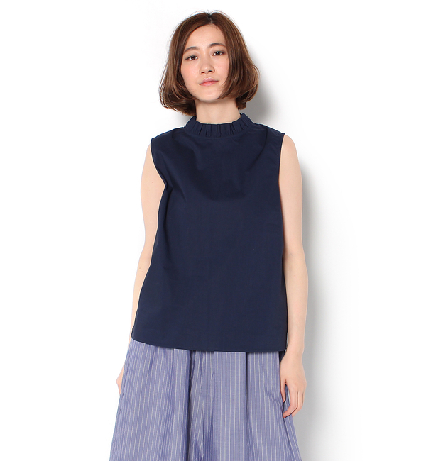 衿フリルハイネックノースリブラウス