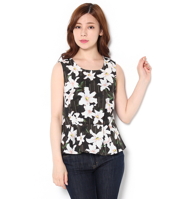 ストライプ花柄ペプラムノースリブラウス