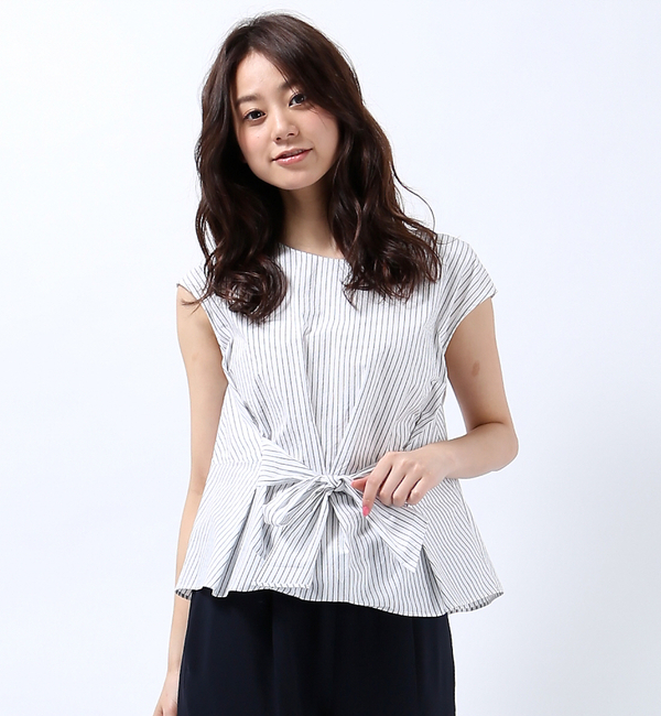 前リボンストライプブラウス