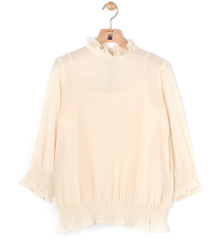 スタンドフリルカラーシャーリングブラウス