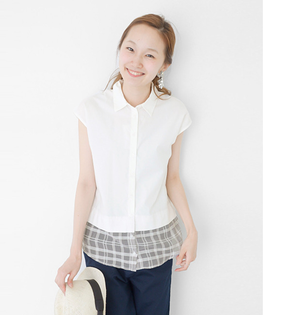 UR 裾チェック切替フレンチスリーブシャツ