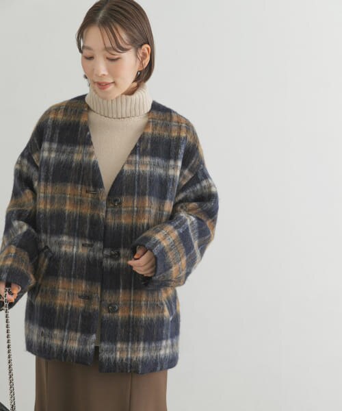 L/BEIGE】F by ROSSO シャギーノーカラーショートコート レディース