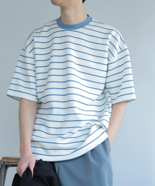 SENSE OF PLACE ボーダーダンボールポンチTシャツ(5分袖)|SENSE OF