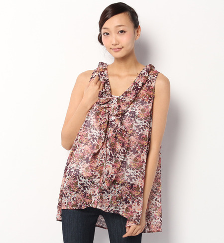 フラワープリント フリル ノースリーブブラウス