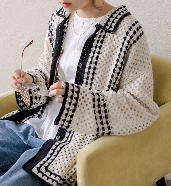 PUAL CE CIN ピュアルセシン 配色カギ針編み襟付きカーディガン