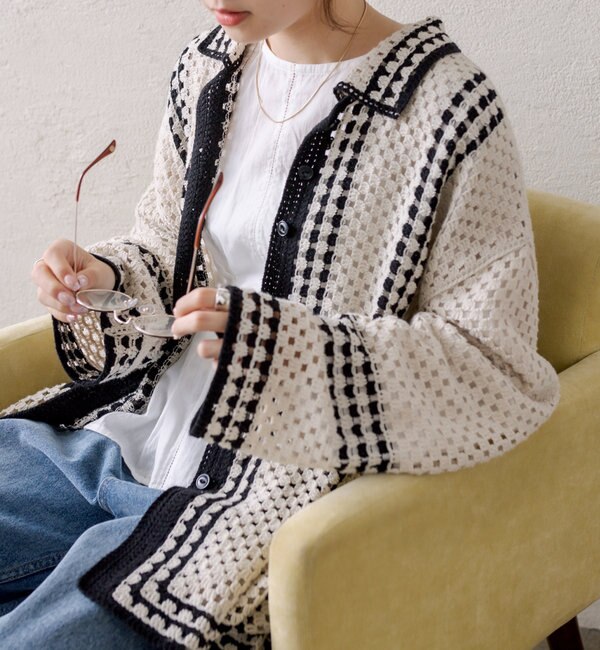 【2023AW】配色カギ針編み風襟付きカーディガン