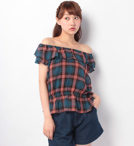 チェックシフォン胸ひらブラウス