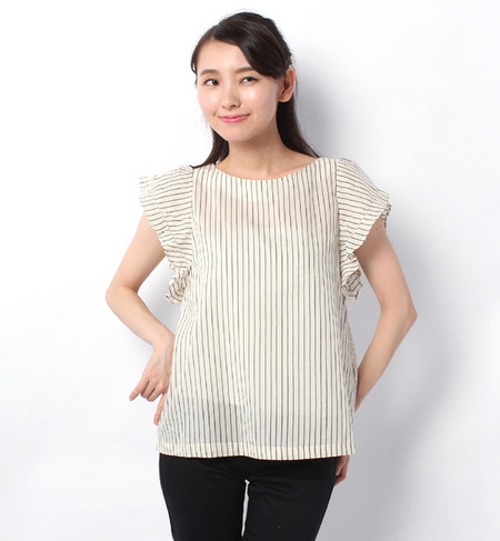 テンセルストライプラッフル袖ブラウス