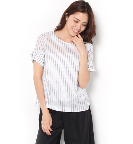 ストライプ袖リボンブラウス