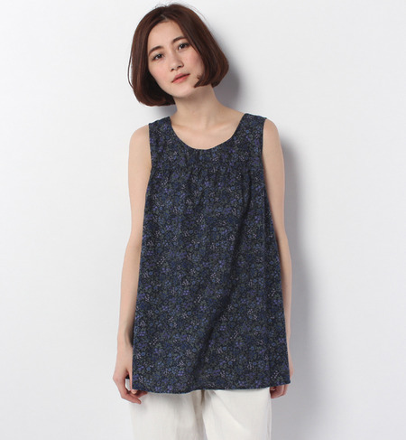 綿麻花柄ノースリーブチュニックブラウス