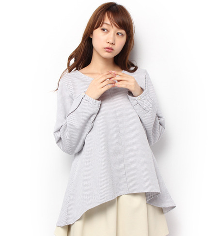 綿麻ギンガム後ろリボンブラウス