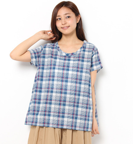 シャーリングチェックブラウス