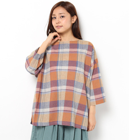 綿麻チェックブラウス