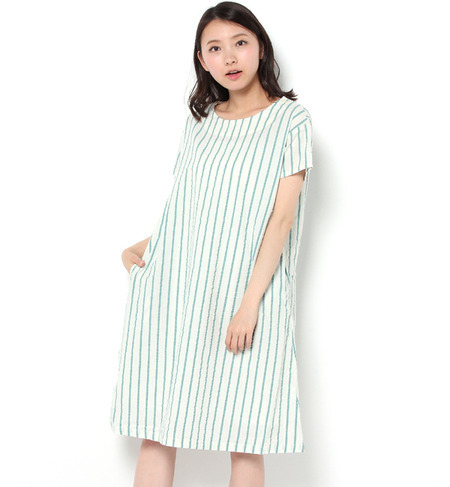 綿麻ストライプ織柄ワンピース