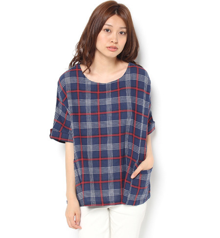 綿麻ドビーチェックブラウス