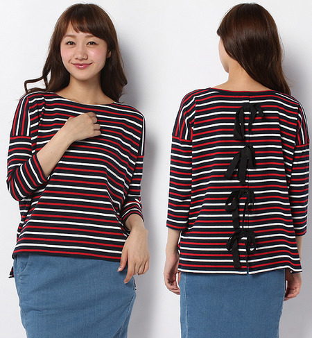 SACRA カラーボーダーバックリボンカットソー