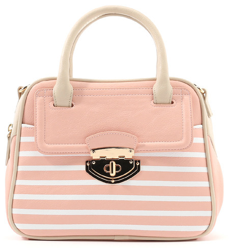 レザー調ボーダーボストンバッグ