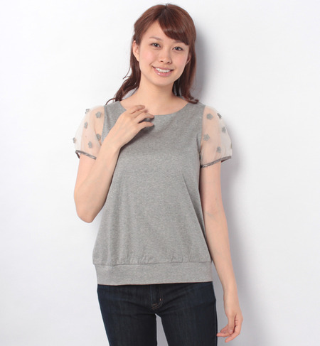 ミニフラワー付きシフォンパフスリーブトップス