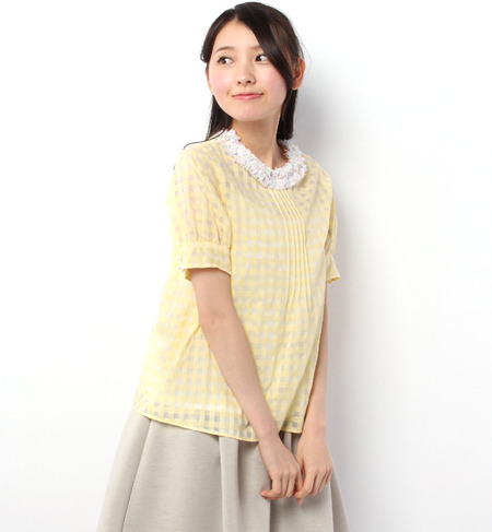 チェックシフォンシャギーネックブラウス