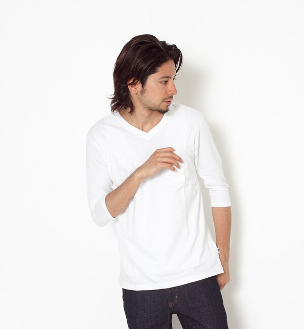 outer heavy v neck pocket 3/4 sleeve tee