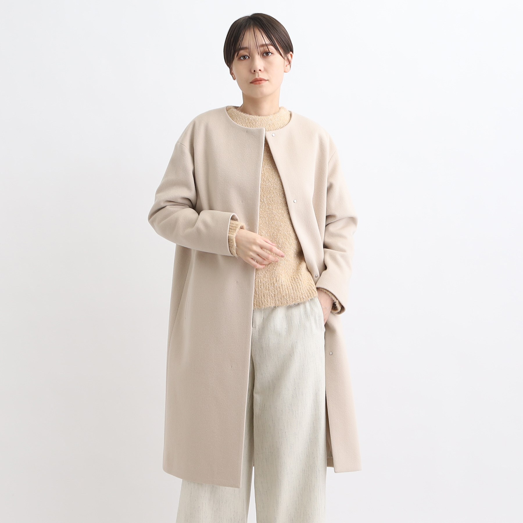 【極美品】インディヴィ ロングコート 羊毛 カシミア ベージュ 5L