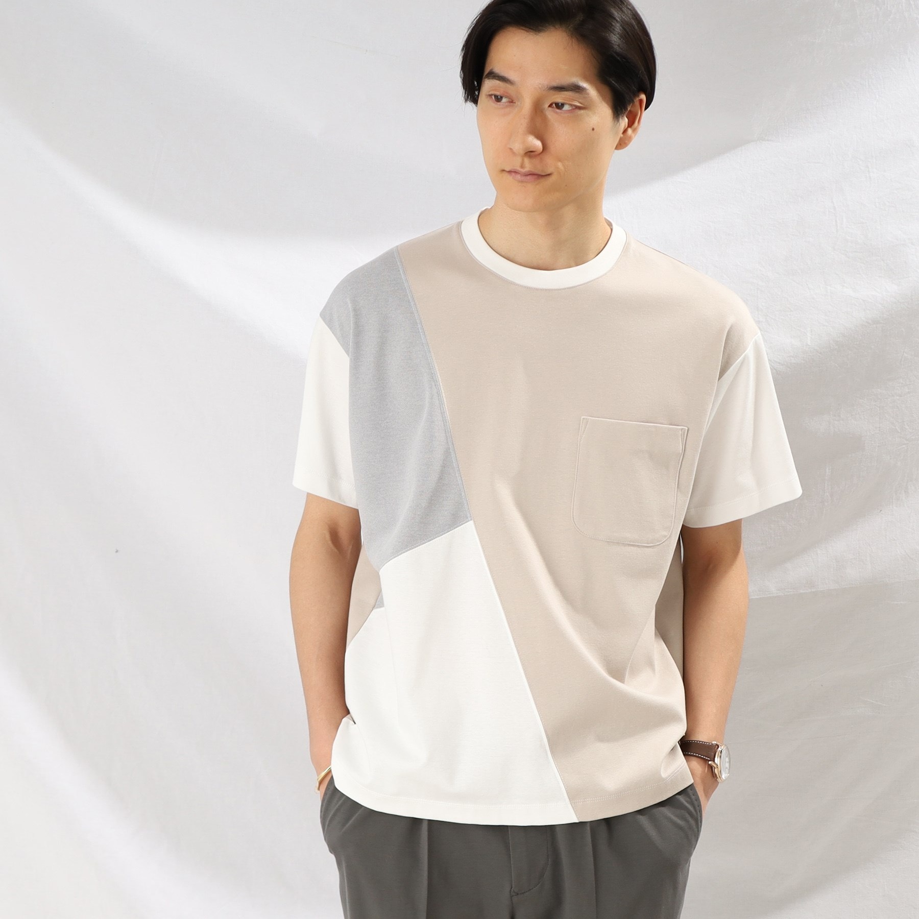 Sサイズ～】ブロッキングデザイン 半袖Tシャツ|TAKEO KIKUCHI