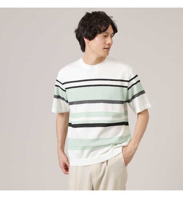 【タケオキクチ/TAKEO KIKUCHI】 【ニットTシャツ】麻ブレンド パネルボーダー