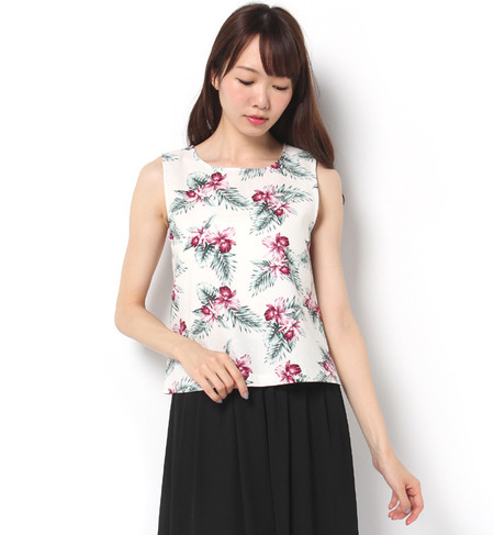 リネン混フラワー柄ノースリーブブラウス