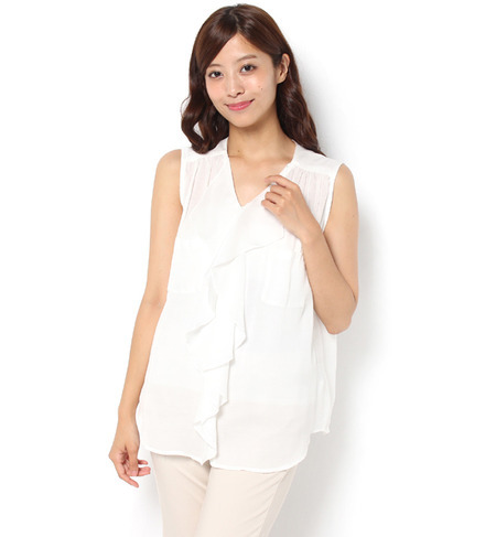 ラッフルフリルフロントジョーゼットノースリーブトップス
