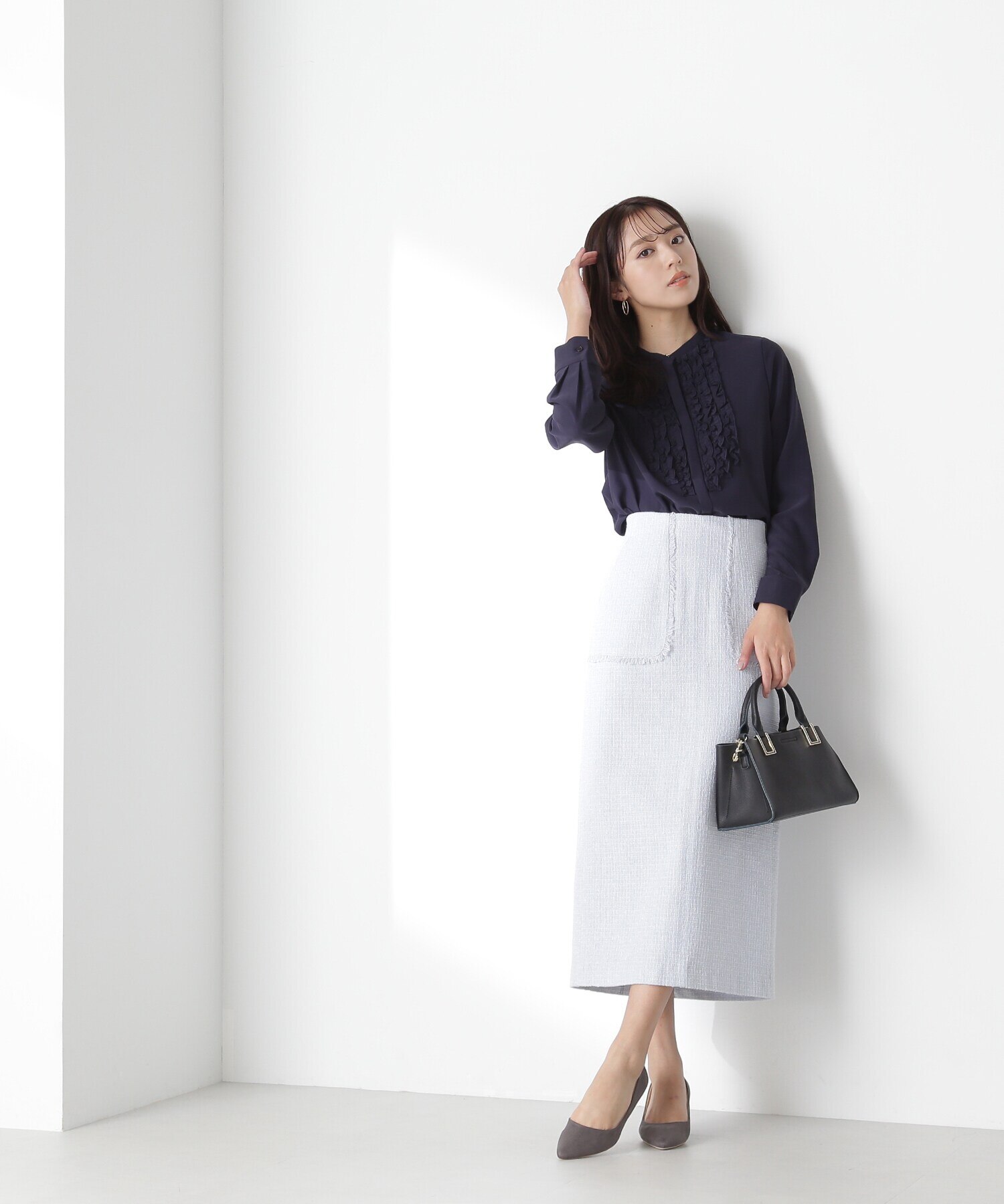 ナチュラルビューティー スカートスーツ 36/38 日本製 濃紺 OL 超美品