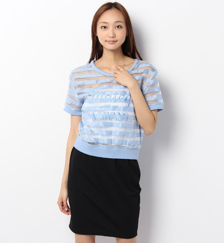 ロゴ刺繍オーガンジーボーダー半袖トップス