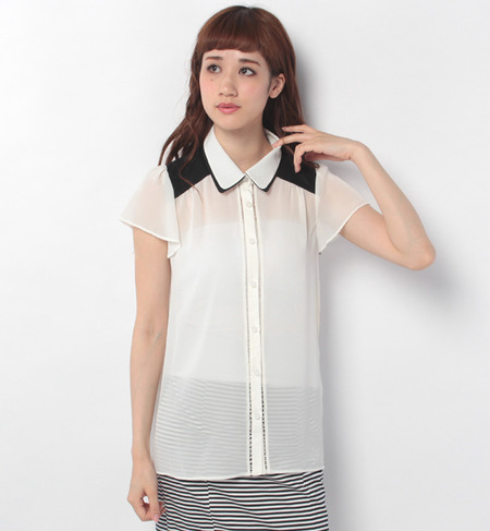 肩配色レース ロングブラウス(4R13-0592)