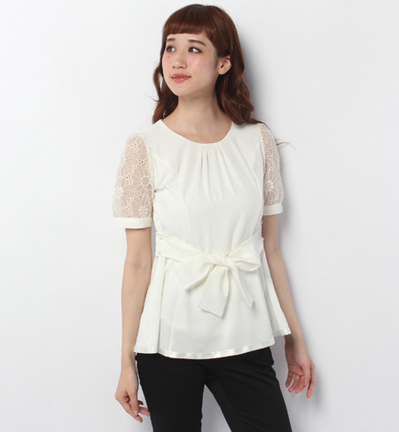 オーガンジー袖ウエストリボンブラウス(4R13-0597)