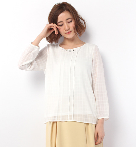 フラワービジュ付シャドーチェックブラウス(5R13-0649)