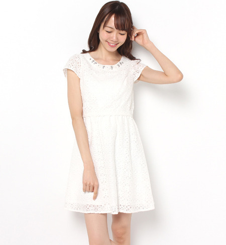 【ワンピース】フラワー×ビジュ 半袖レース（5R05-GD90335)