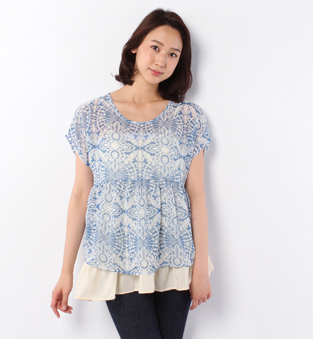 【La comfy】キャミ付ボタニック柄シフォンブラウス