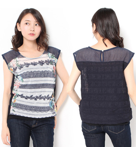 【Titilate Valet】ボーダーレースフラワープリントブラウス