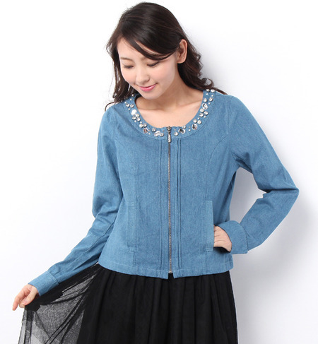 ビジュー装飾ノーカラーデニムジャケット