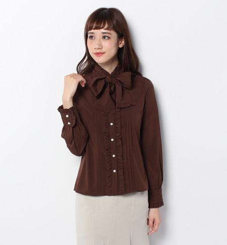 ボウタイ付きスタンドフリルブラウス
