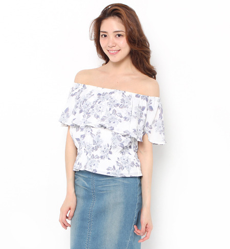 【W】花柄シフォンオフショルブラウス