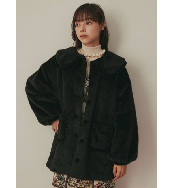 【即購入可】merry jenny / フリルカラーフェイクファージャケット 黒 毛皮/ファーコート 超人気商品