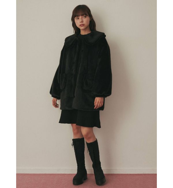 【即購入可】merry jenny / フリルカラーフェイクファージャケット 黒 毛皮/ファーコート 超人気商品
