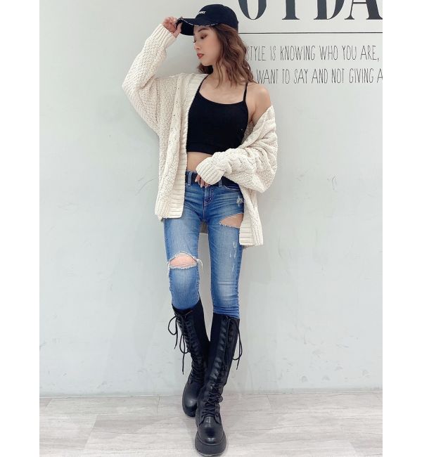トップ GYDA ダメージデニム(xs)BLUE×BLACK バックリップドスキニー 
