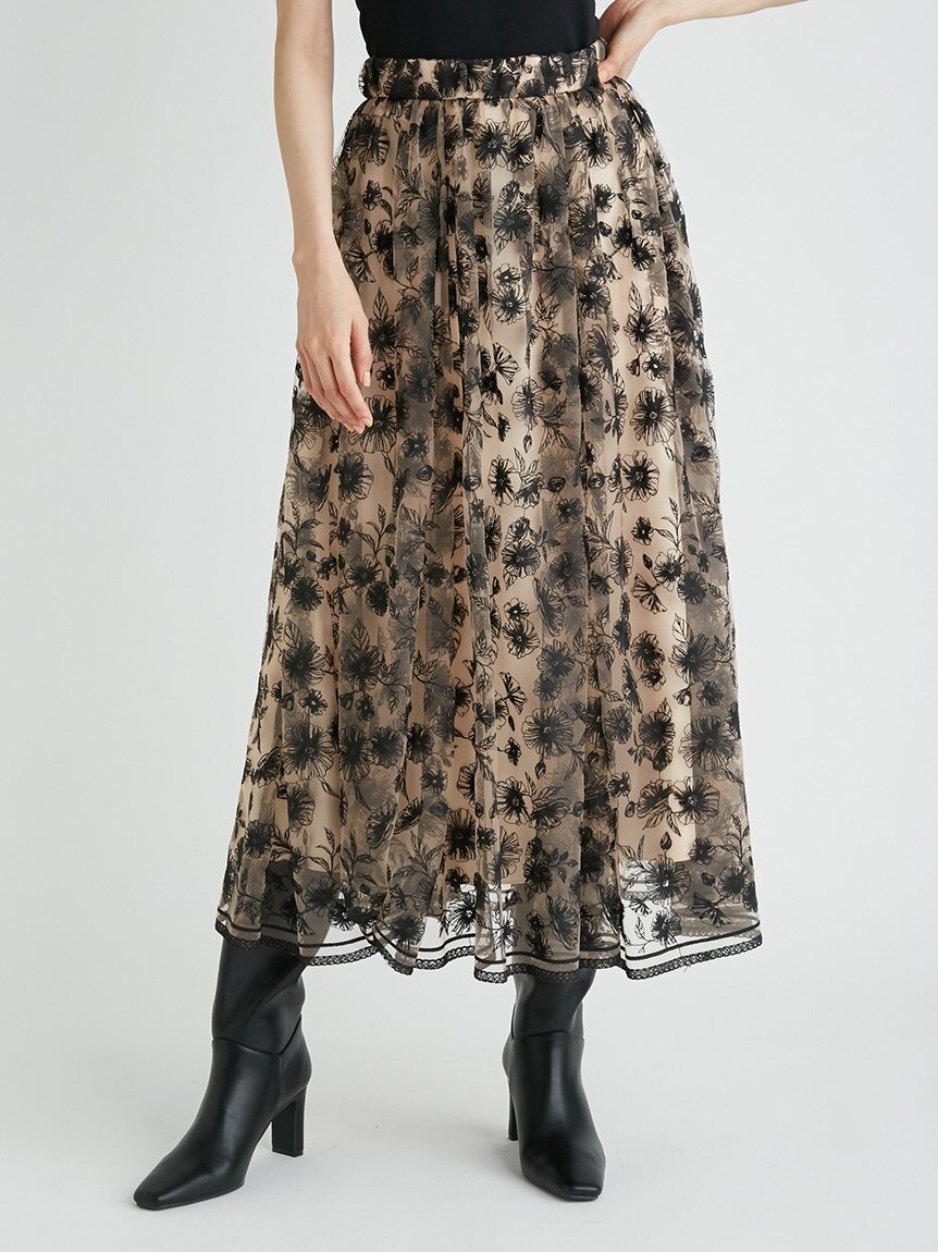 ギャザーフレアフローラル刺繍スカート|Mila Owen(ミラオーウェン)の 
