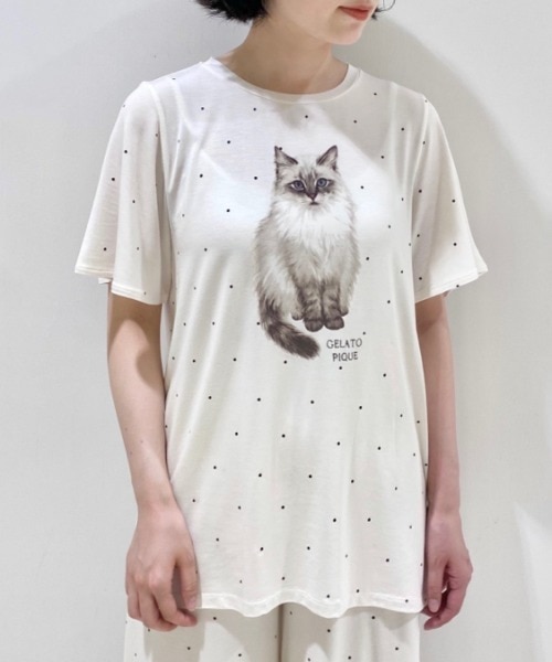 CATドット柄ワンポイントTシャツ