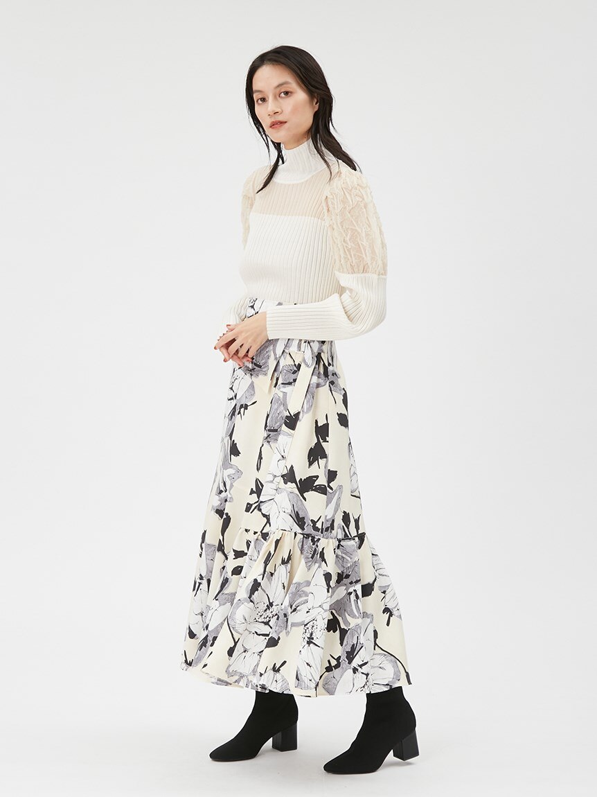 NEHERA】floral SILKクレープ アシンメトリー スカート - ロングスカート
