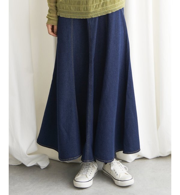 RE LEAN　日本製　生成り×ペイント柄　綿100デニムフレアロングスカート