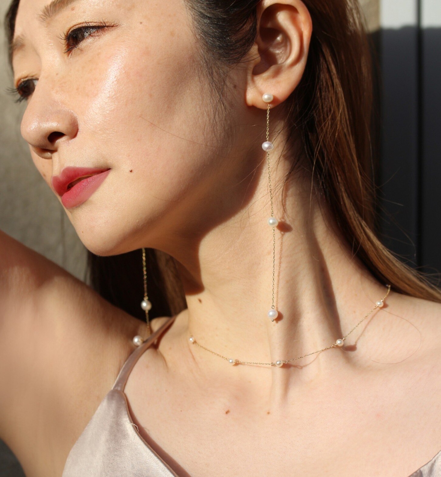 Pearl Station Choker Necklace 【White Mousse】 | K10YG|cui-cui