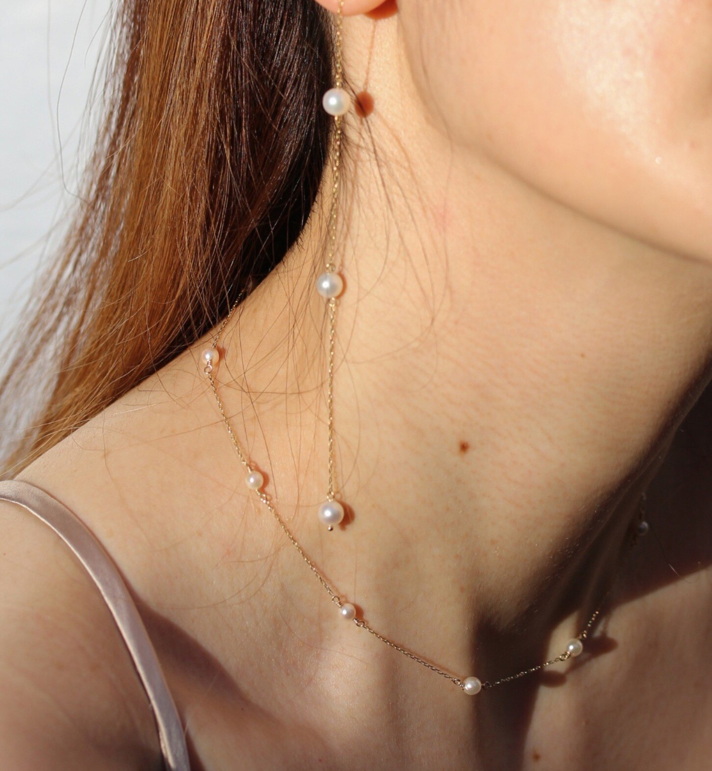 Pearl Station Choker Necklace 【White Mousse】 | K10YG|cui-cui