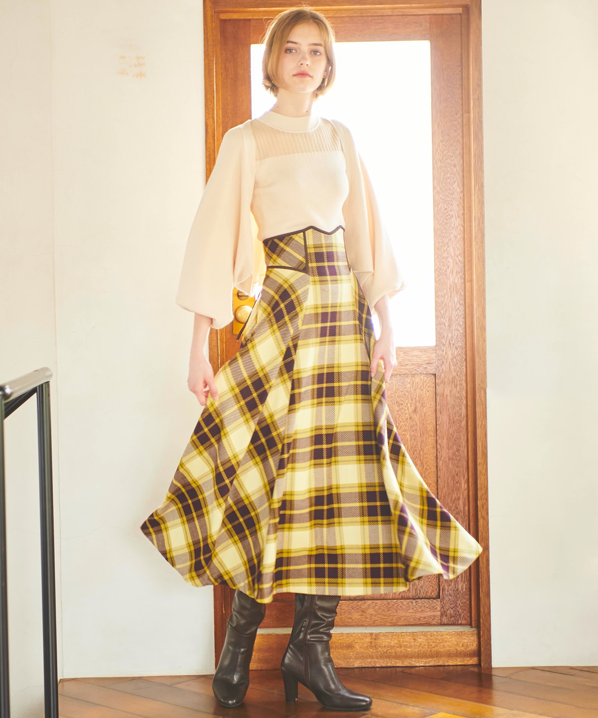 ブロックチェックツイード裾フリンジスカート|And Couture(アンド